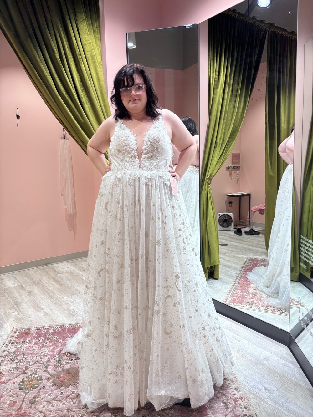 Ivory Embellished Tulle A-Line Dress with Plunging Lace Bodice Celestial